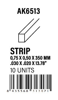 [AK6513] STYRENE STRIP - Strips 0.75 x 0.50 x 350mm