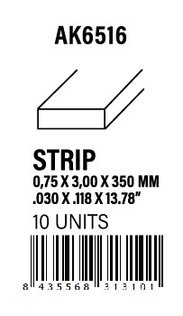 [AK6516] STYRENE STRIP - Strips 0.75 x 3.00 x 350mm