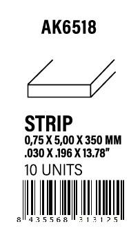 [AK6518] STYRENE STRIP - Strips 0.75 x 5.00 x 350mm